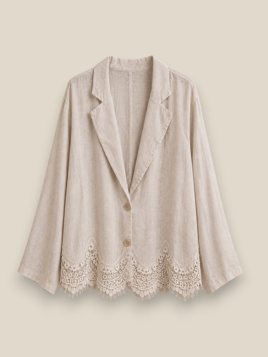 Blazer oversize de lino 100% natural con solapa clásica y detalle de encaje en el bajo
