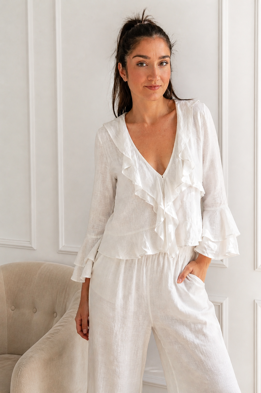 Blusa calma lino 100% blanca moda mujer 