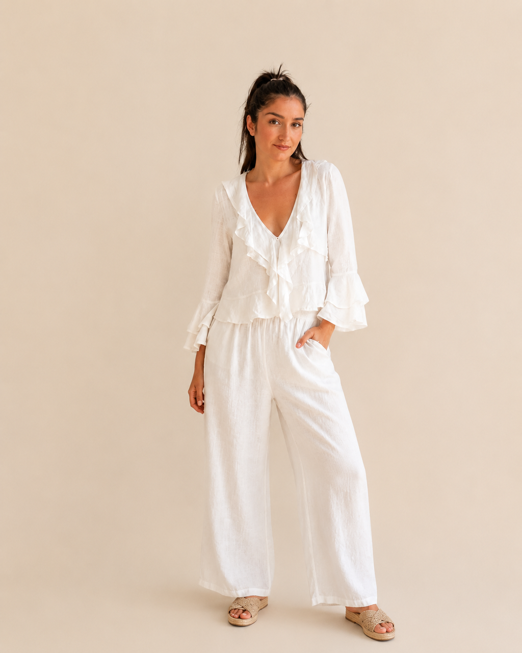Blusa calma lino 100% blanca moda mujer especial