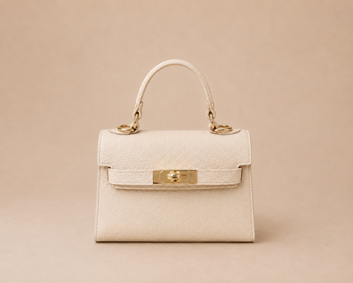 Bolso Kelly beige de piel estructurado con asa corta y detalles metálicos dorados, vista frontal 100%