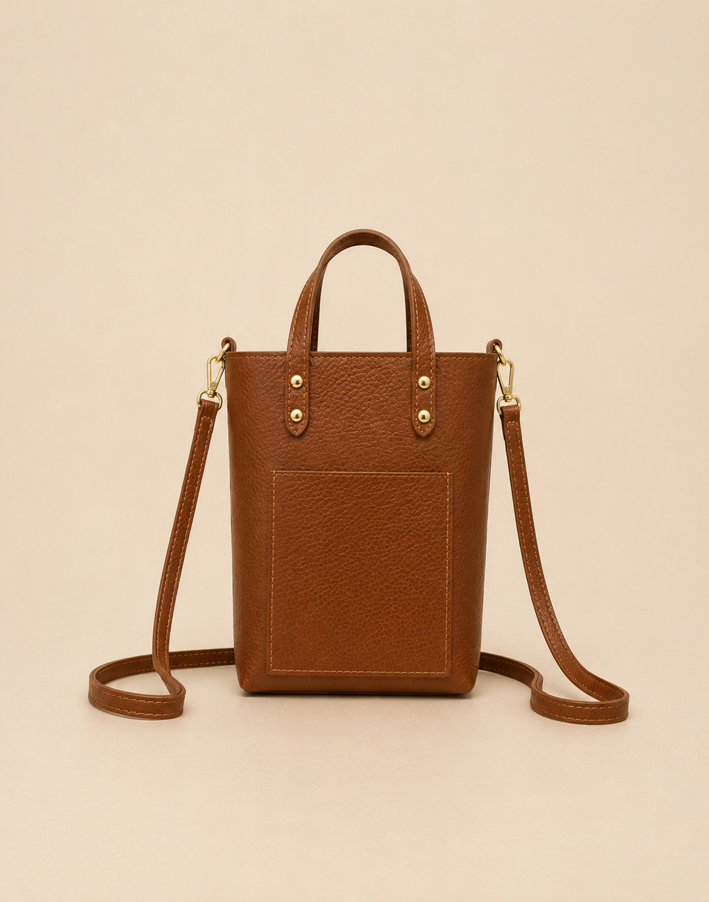 Bolso de piel granulada camel Alejandra con doble cierre,