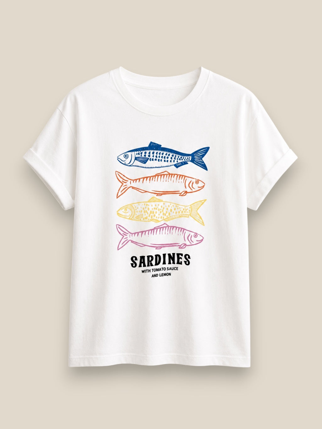 Camiseta Sardines de 100% algodón con estampado original de 3 sardinas, mangas remangadas, talla única