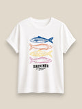 Camiseta Sardines de 100% algodón con estampado original de 3 sardinas, mangas remangadas, talla única