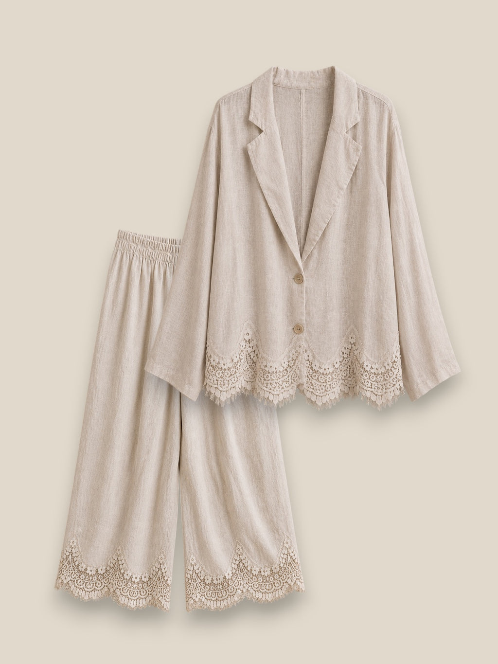 Conjunto de lino 100% natural — blazer oversize y pantalón culotte con detalle de encaje