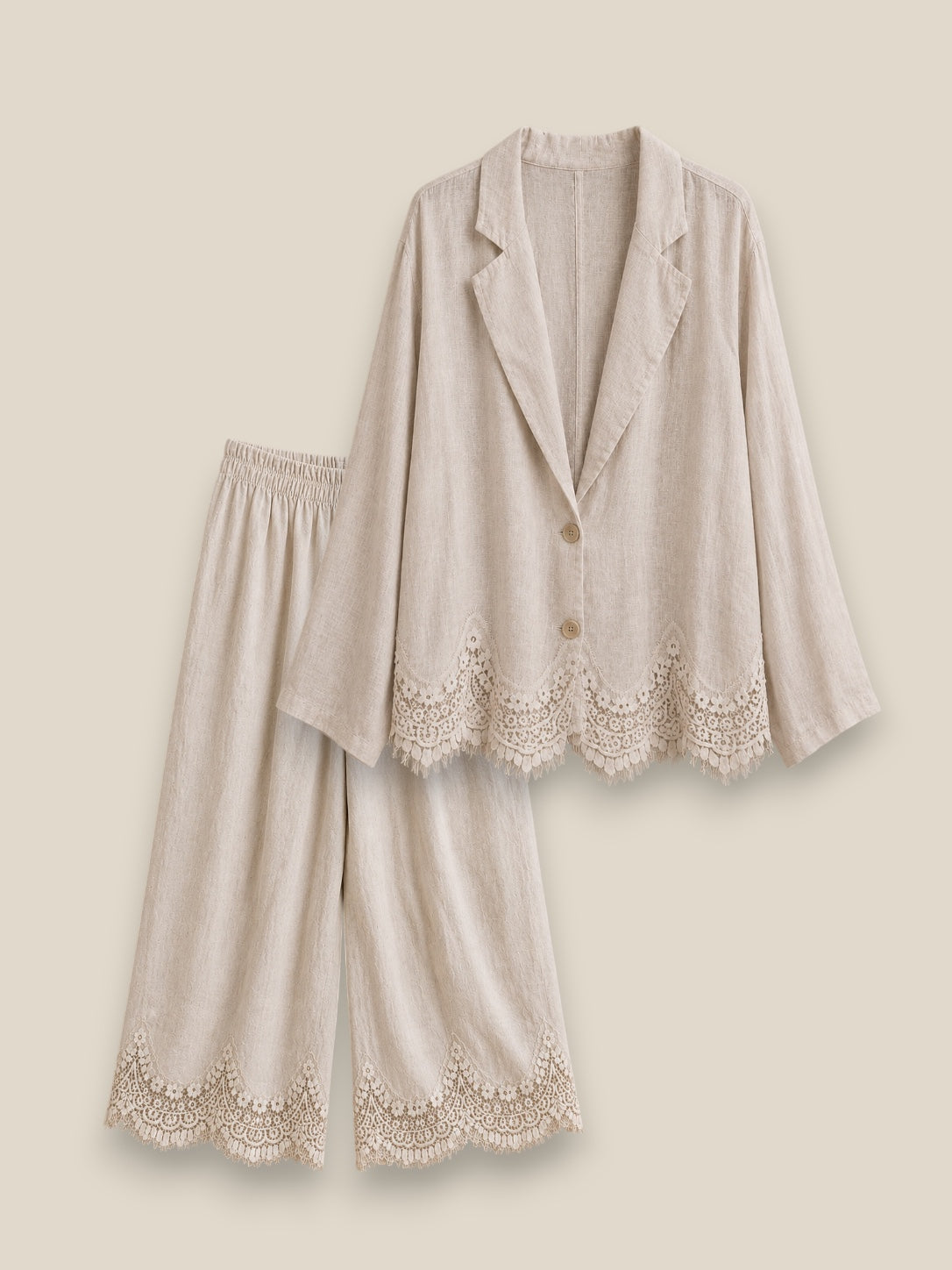 Conjunto de lino 100% natural — blazer oversize y pantalón culotte con detalle de encaje