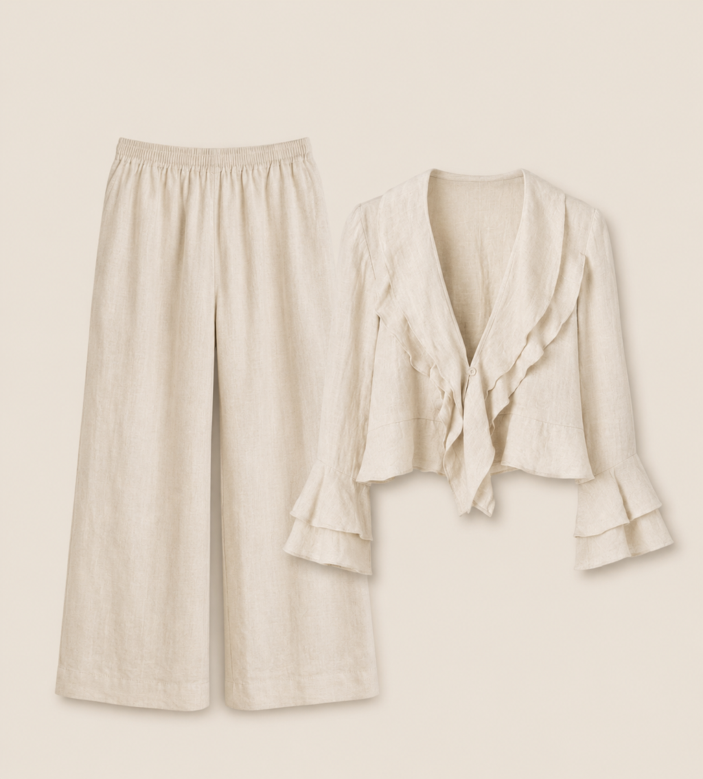 Conjunto lino 100% beige- vista completa del conjunto 