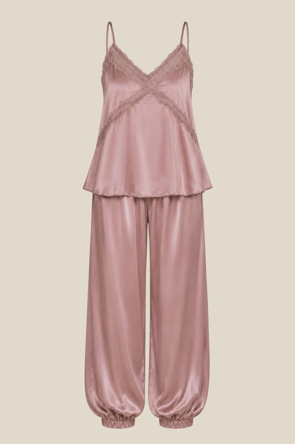 Conjunto satinado Rosa Empolvado Esenzia compuesto por top lencero con tirantes ajustables y pantalón fluido con cintura suave, talla única S-L