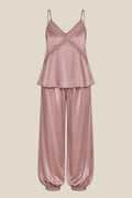 Conjunto satinado Rosa Empolvado Esenzia compuesto por top lencero con tirantes ajustables y pantalón fluido con cintura suave, talla única S-L
