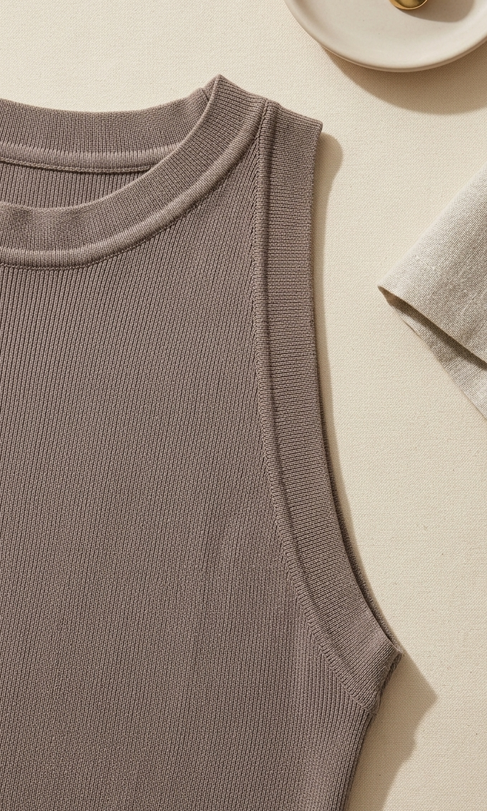Detalle del tejido de punto fino del Top Azura en color taupe, textura suave y elástica
