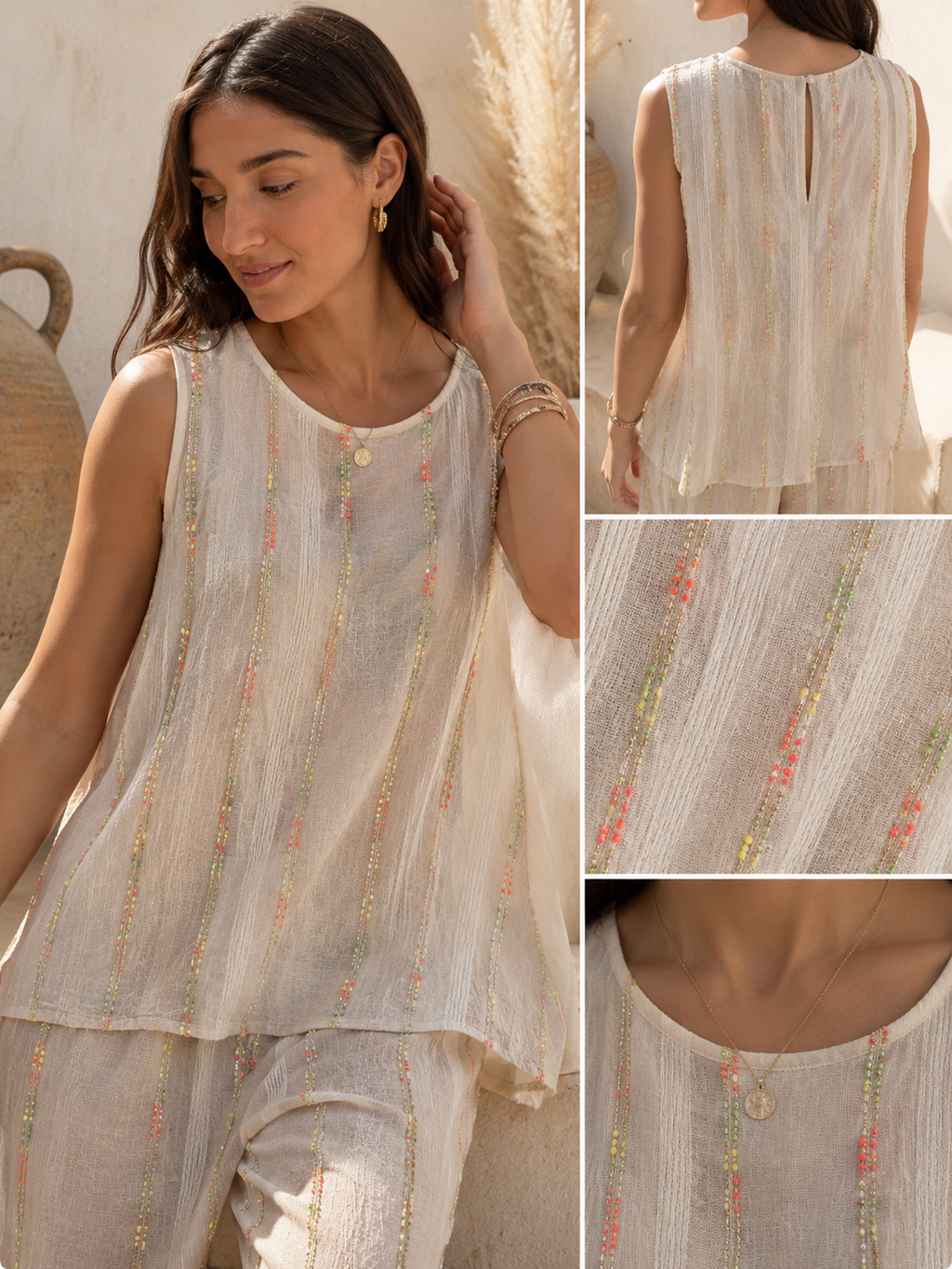 Detalle tejido lino Conjunto Formentera, textura natural y acabado premium