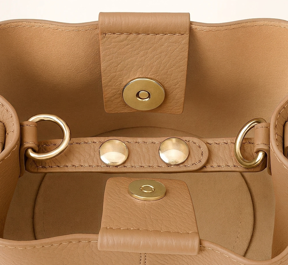 Interior del Bolso Bombonera Valeria camel, detalle de la organización y acabado interior