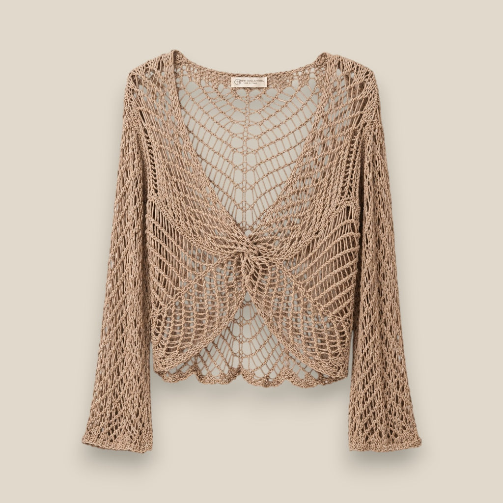 Jersey de punto calado efecto crochet en tono arena con escote en pico, nudo frontal y manga acampanada