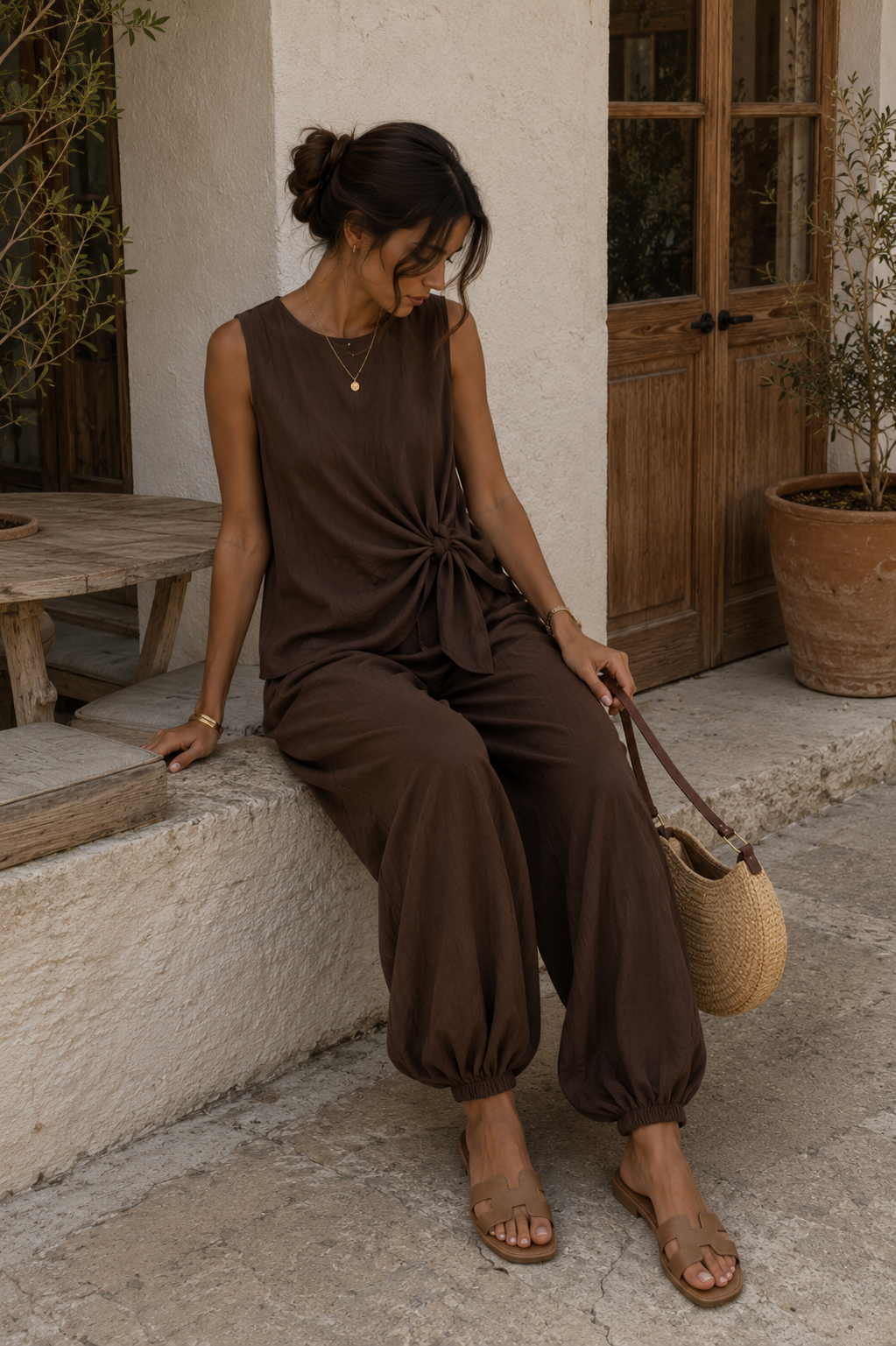 Modelo con Conjunto SORA marron chocolate en look casual de día: top sin mangas con lazada y pantalón bombacho de tela fluida.