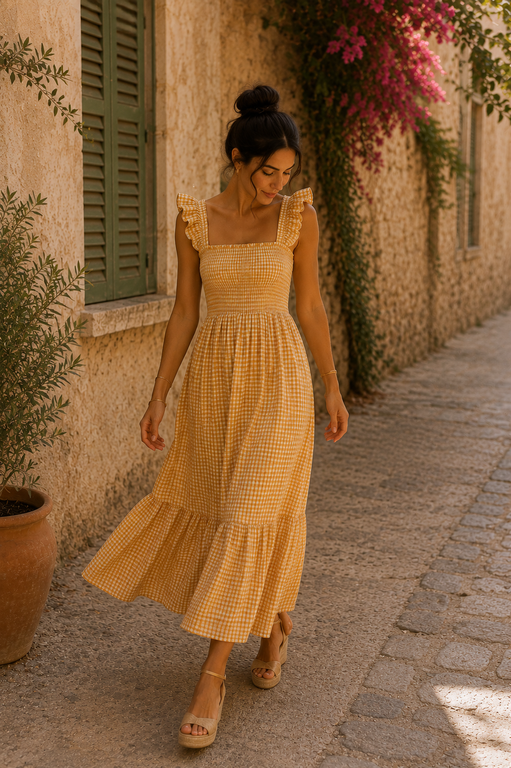 Modelo con Vestido Vichy Beige de cuadros blancos y mostaza fruncido en el pecho, tirantes de volantes y largo favorecedor