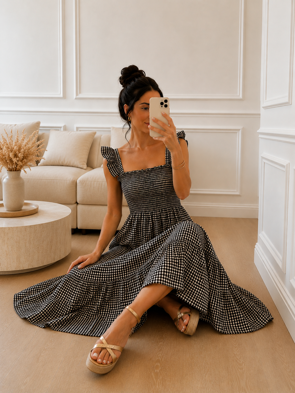 Modelo con Vestido Vichy Beige de cuadros blancos y negro  fruncido en el pecho, tirantes de volantes y largo favorecedor