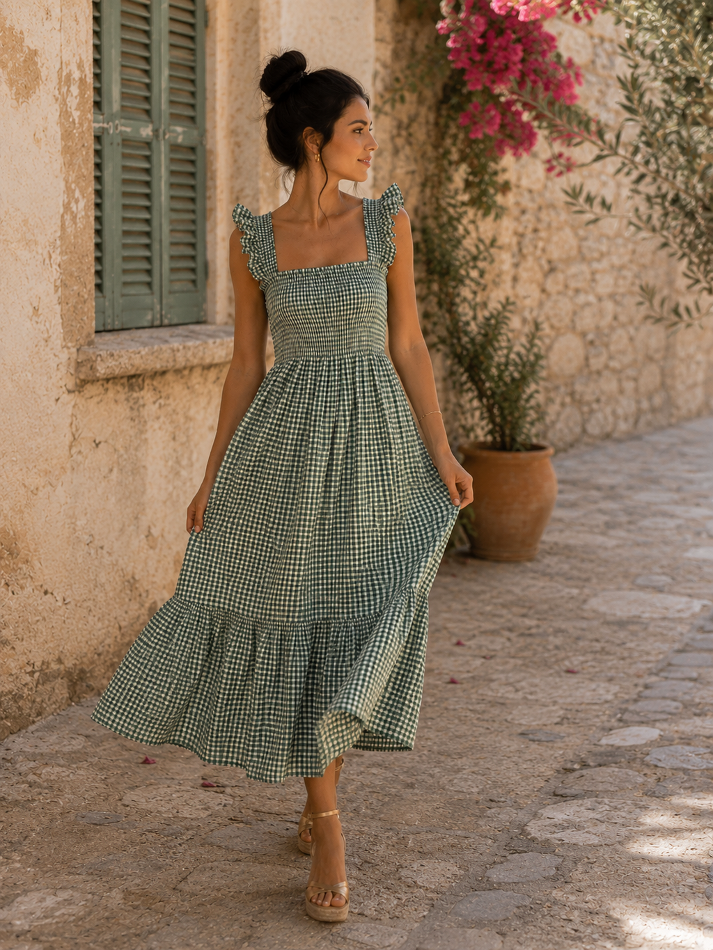 Modelo con Vestido Vichy Beige de cuadros blancos y verde fruncido en el pecho, tirantes de volantes y largo favorecedor