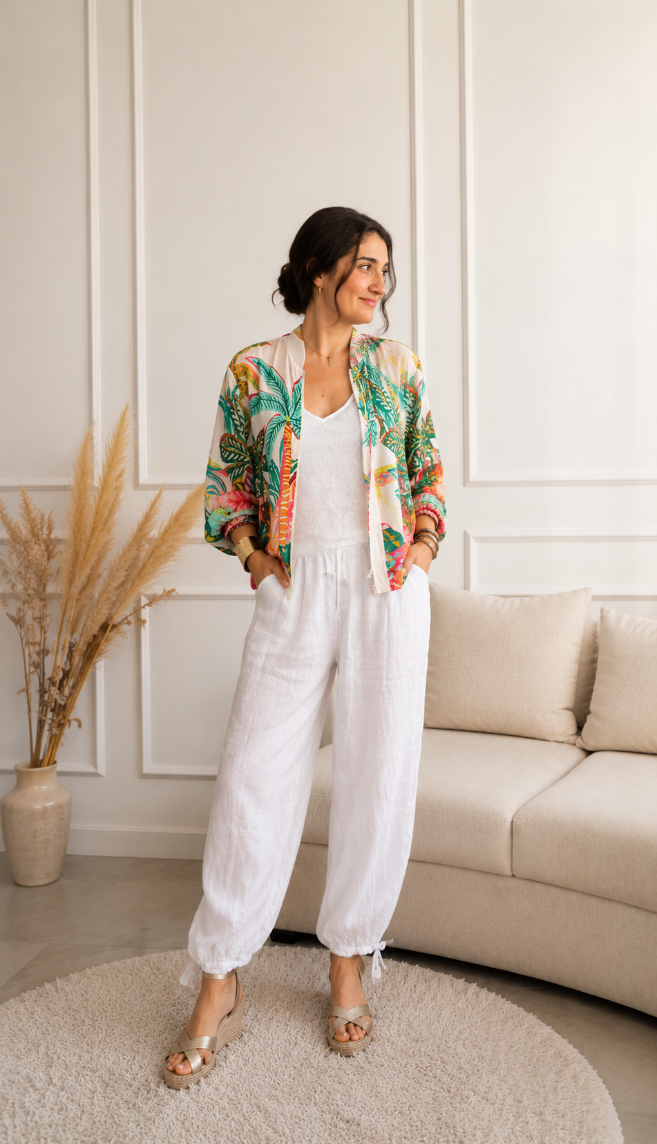 Modelo con chaqueta estampada tropical y pantalón bombacho de lino beige