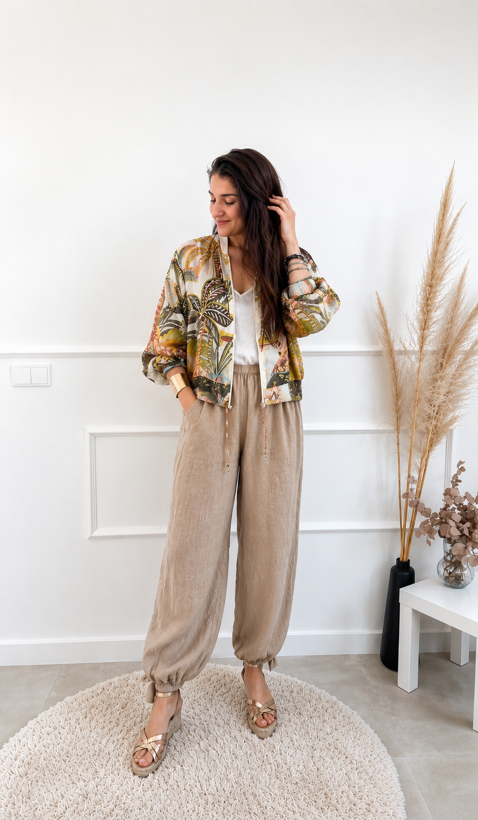 Modelo con chaqueta estampada tropical y pantalón bombacho de lino beige, posando en un ambiente minimalista de tonos neutros con decoración de inspiración mediterránea