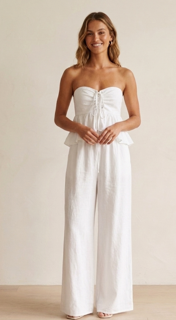Modelo con el Mono Bahía blanco, detalle del look y caída del tejido