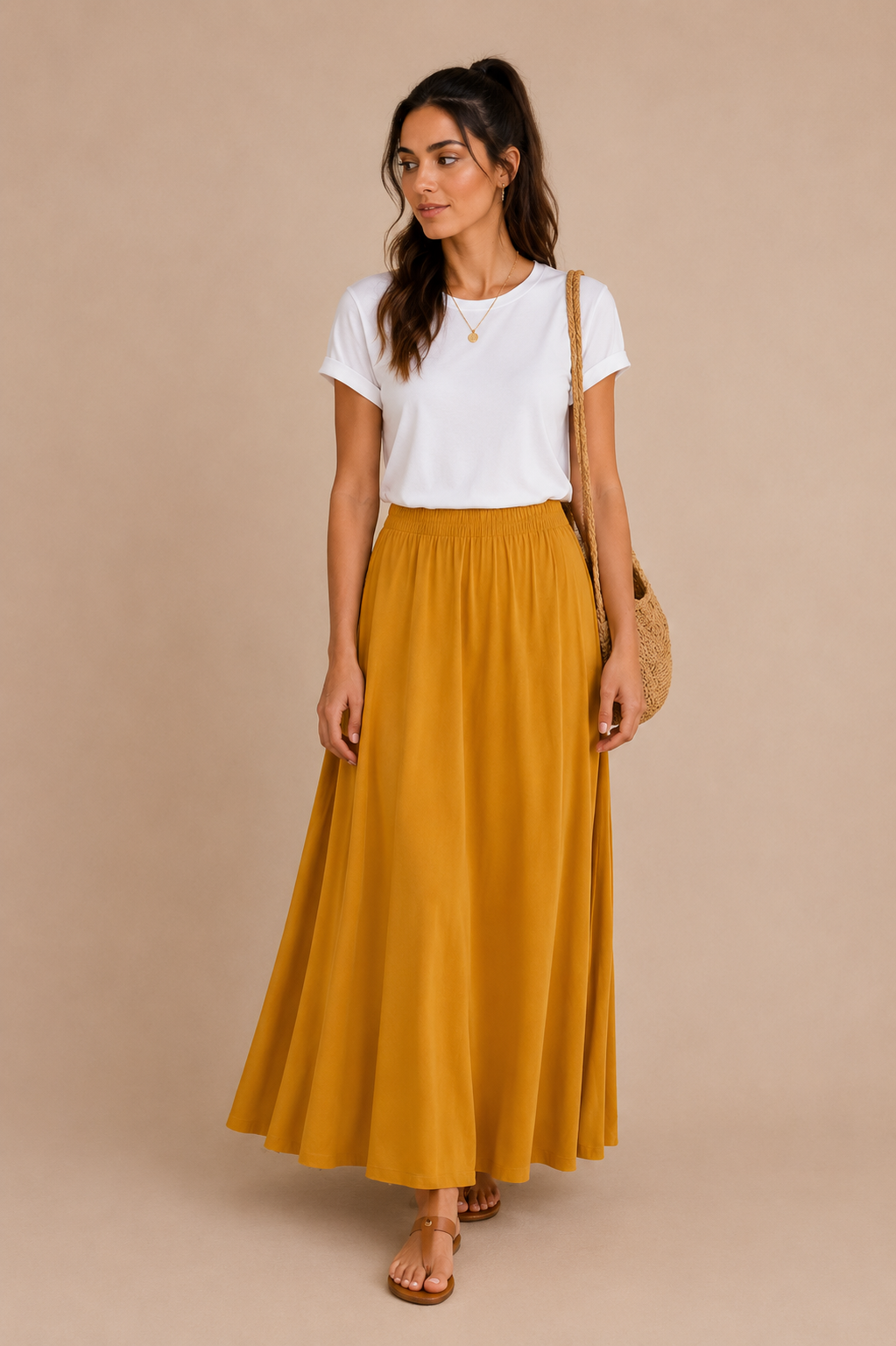 Modelo con falda maxi de lycra fría, look natural 
