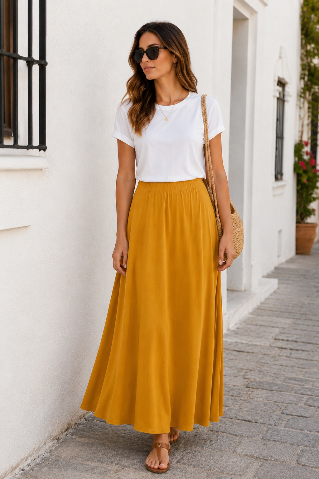 Modelo con falda maxi de lycra fría, look natural y elegante