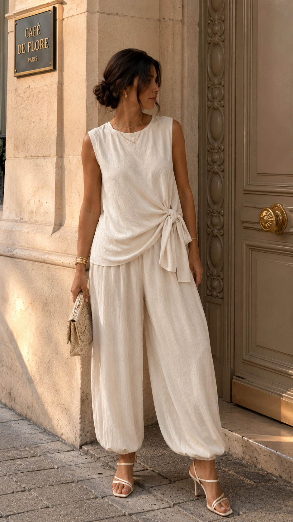 Modelo luciendo el Conjunto SORA beige combinado con tacones y accesorios para un evento especial