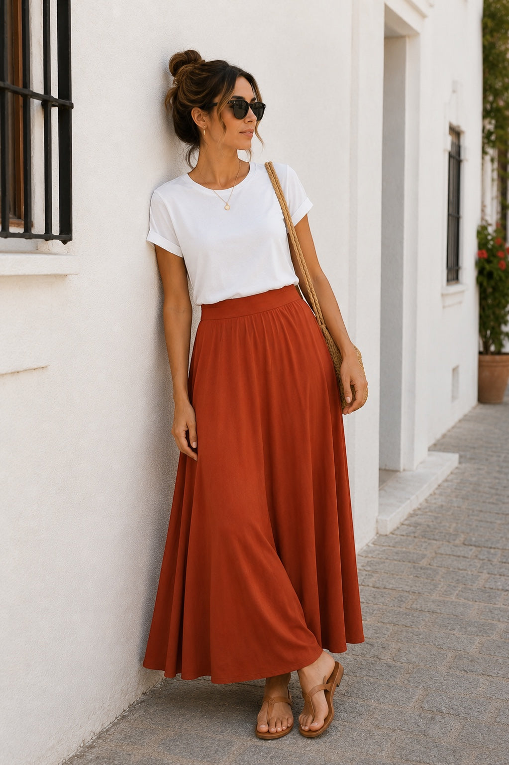 Modelo luciendo falda larga de lycra fría — comodidad y estilo en talla única