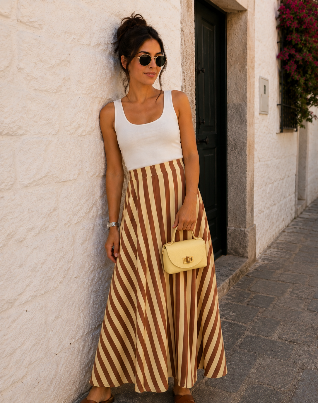 Modelo sosteniendo en mano el bolso de piel amarillo con detalle de bambú y broche dorado