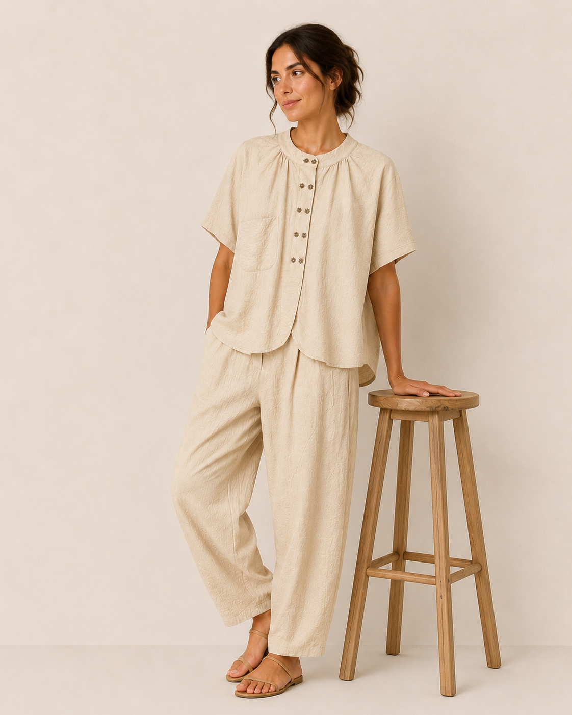 Modelo vistiendo el Conjunto Akira beige en tejido Tencel-Lino, look elegante y natural en tono taupe
