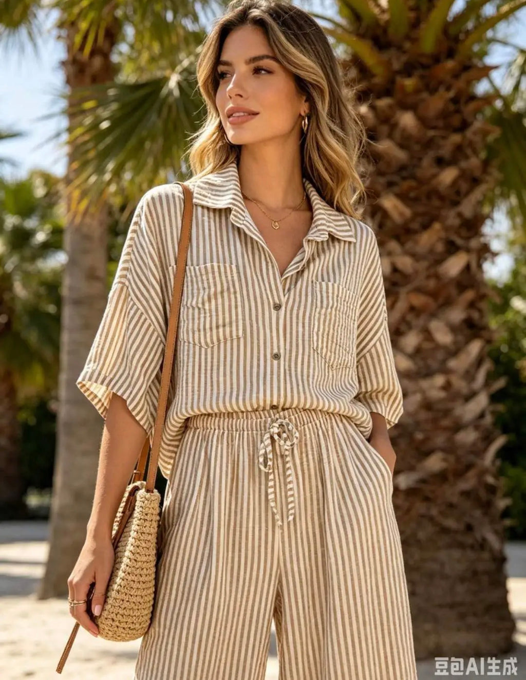 Modelo vistiendo el Conjunto Rayas Cotton beige: blusa oversize y pantalón suelto de algodón, look cómodo y favorecedor para el día a día

