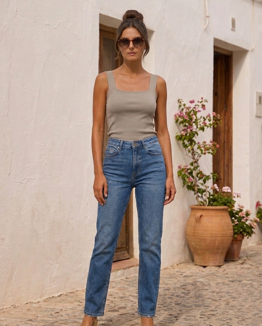 Modelo vistiendo el Top Punto Fino Quiérete, look cómodo y estiloso para el verano
