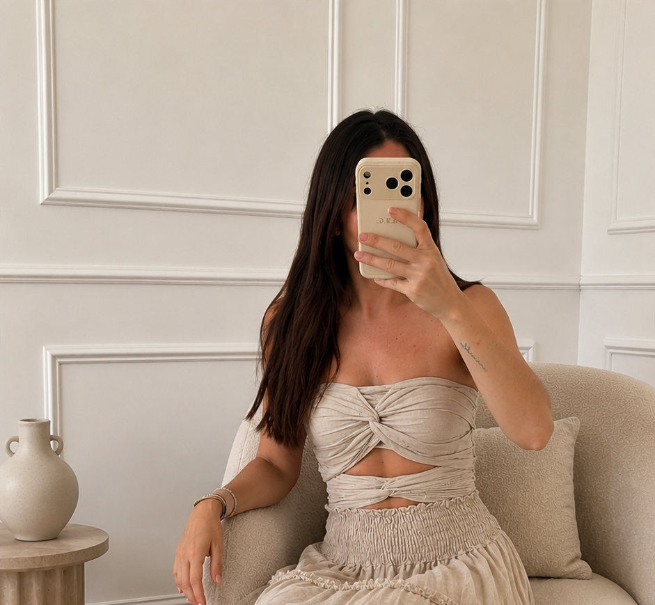 Modelo vistiendo el Vestido Gala beige, diseño strapless con nudo frontal y falda larga escalonada con volantes en algodón natural. Talla única equivalente a tallas 34-38.
