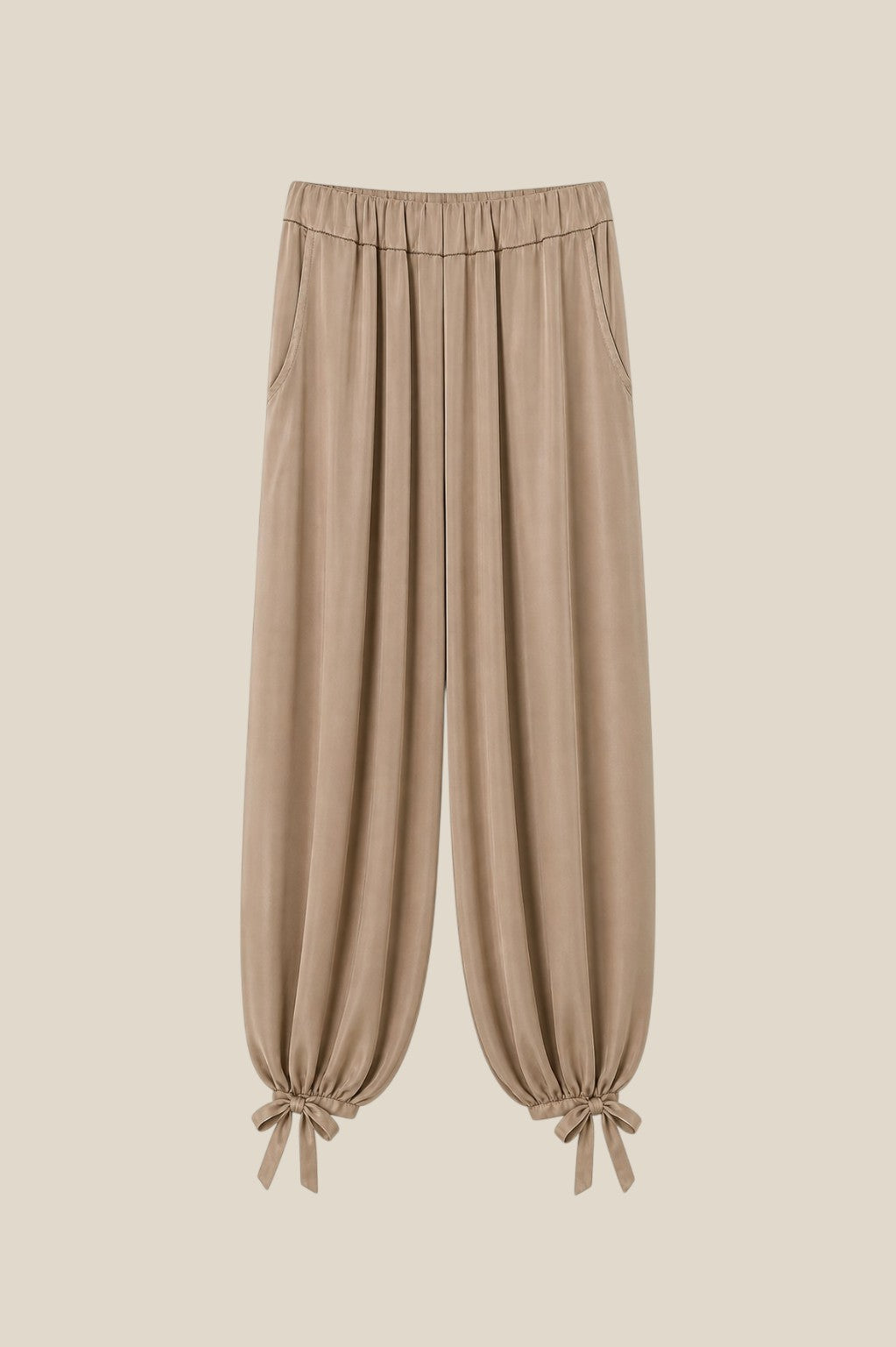Pantalón bombacho satinado lazada camel, cintura elástica alta y lazadas en los bajos, talla única