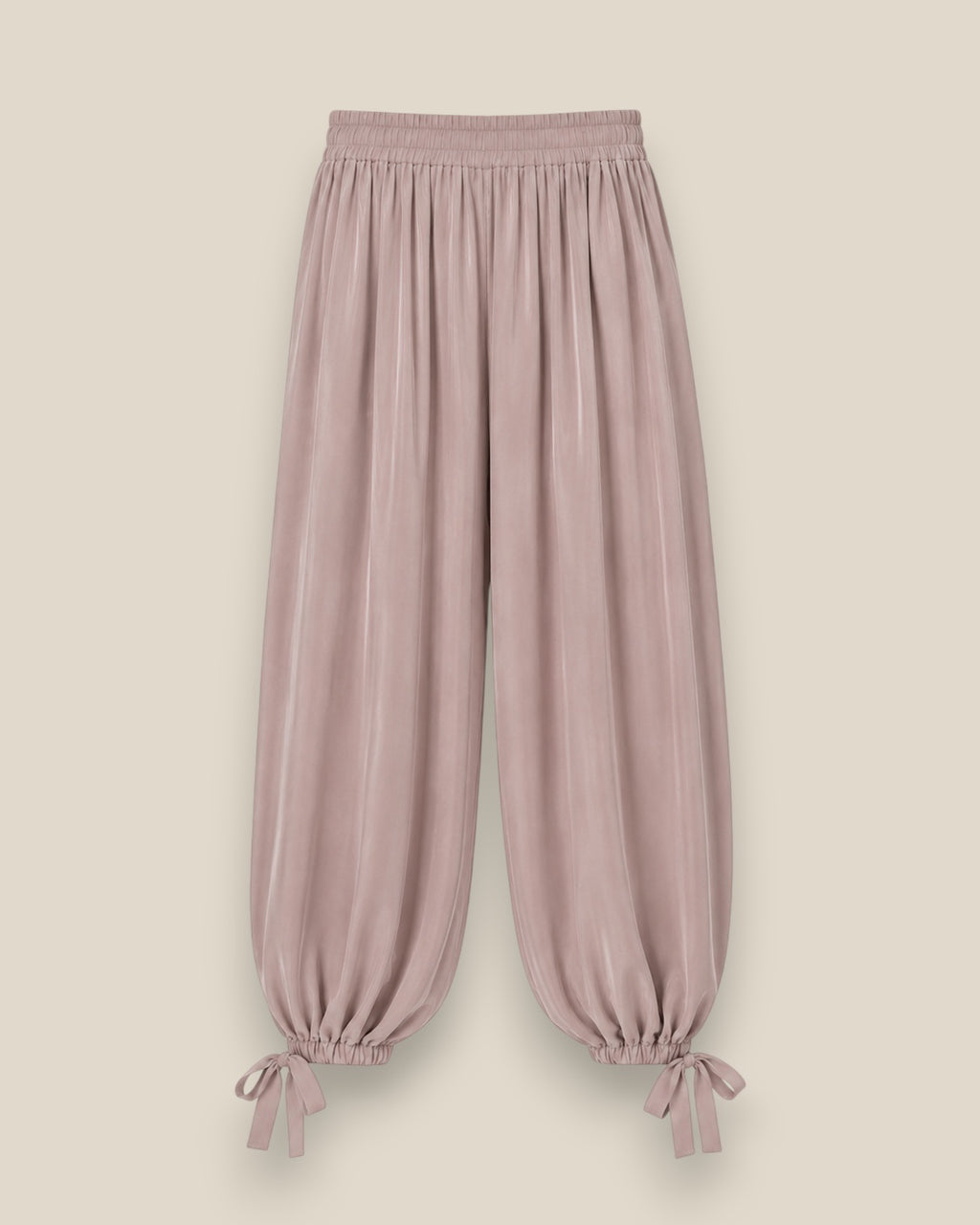 Pantalón bombacho satinado lazada rosa cintura elástica alta y lazadas en los bajos, talla única