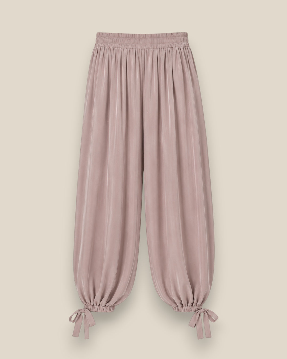 Pantalón bombacho satinado lazada rosa cintura elástica alta y lazadas en los bajos, talla única