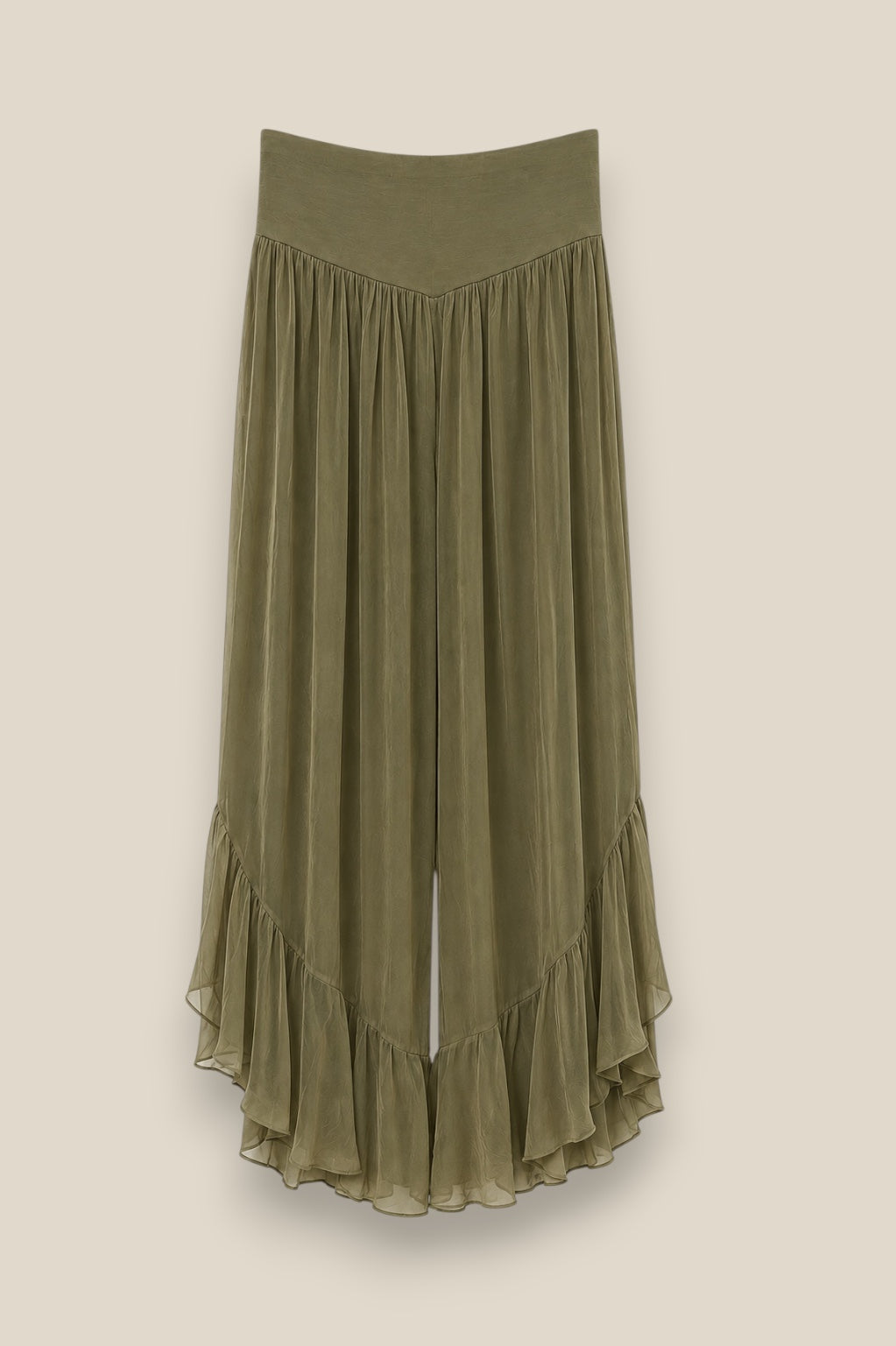 Pantalón de seda natural fluida con cintura alta elástica y acabado acampanado con volante verde kaki
