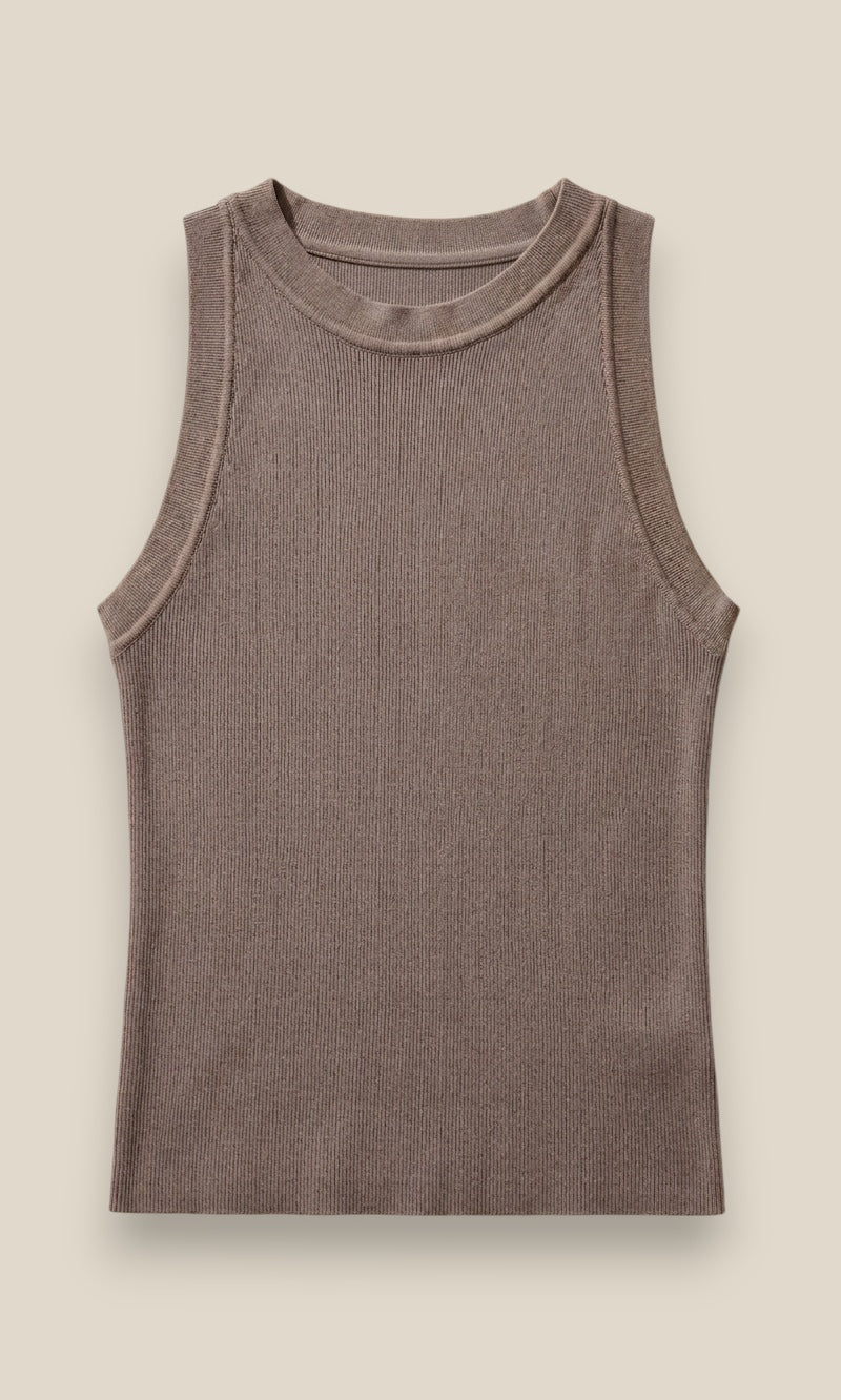 Top Punto Azura de punto fino en color taupe, vista frontal completa del diseño