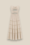 Vestido Gala strapless en color beige arena, con nudo frontal, escote corazón y falda escalonada con volantes en 100% algodón natural. Talla única 34-38.
