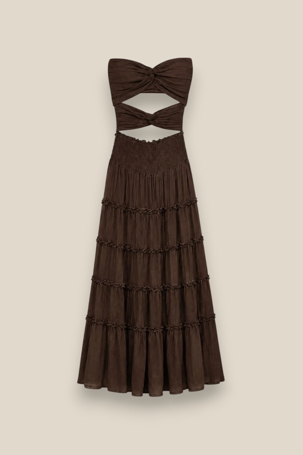 Vestido Gala strapless en color marrón , con nudo frontal, escote corazón y falda escalonada con volantes en 100% algodón natural. Talla única 34-38.
