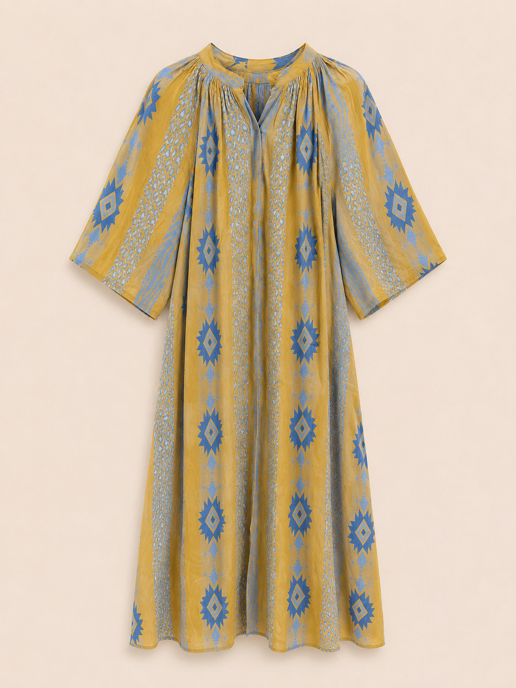 Vestido Kalami 02 colores ocres y azules  100% algodón de la india