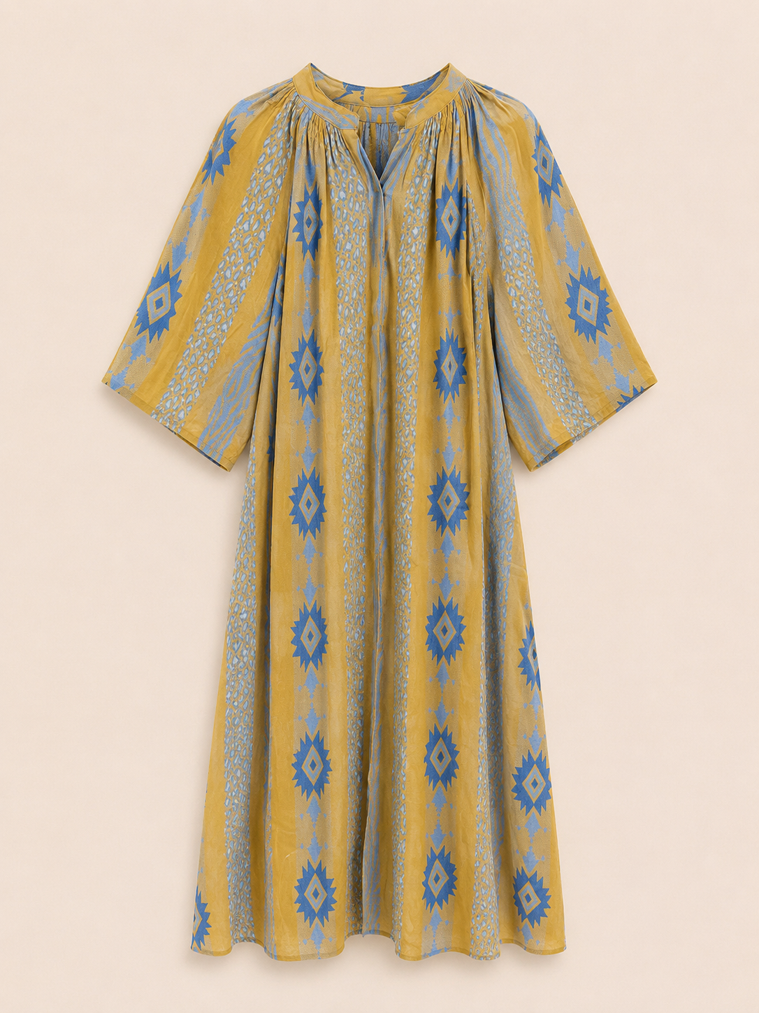 Vestido Kalami 02 colores ocres y azules  100% algodón de la india