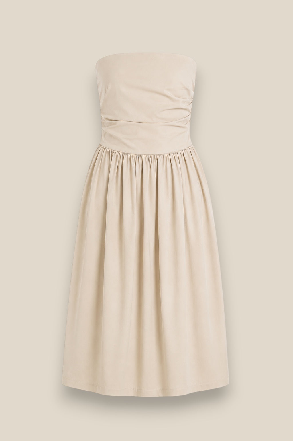 Vestido Lazada midi en 100% algodón con escote abullonado y lazada en cintura, color beige