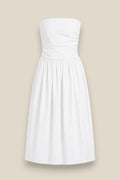 Vestido Lazada midi en 100% algodón con escote abullonado y lazada en cintura, color blanco