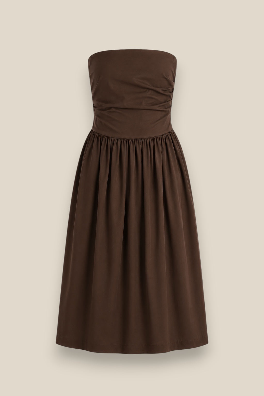 Vestido Lazada midi en 100% algodón con escote abullonado y lazada en cintura, color chocolate