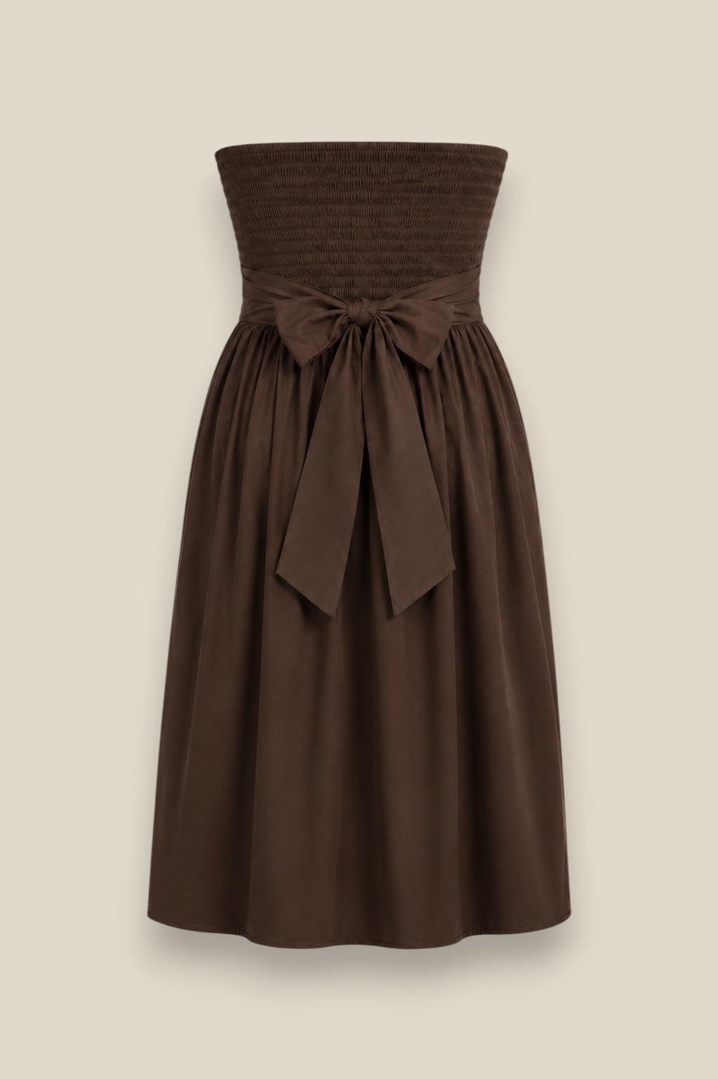 Vestido Lazada midi en 100% algodón con escote abullonado y lazada en cintura, color chocolate parte trasera