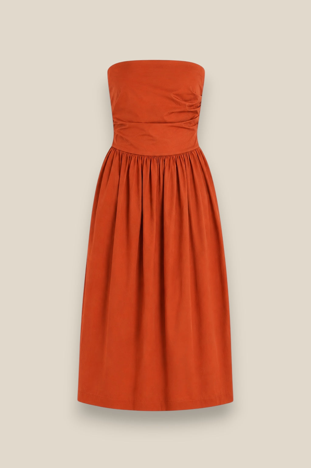 Vestido Lazada midi en 100% algodón con escote abullonado y lazada en cintura, color teja