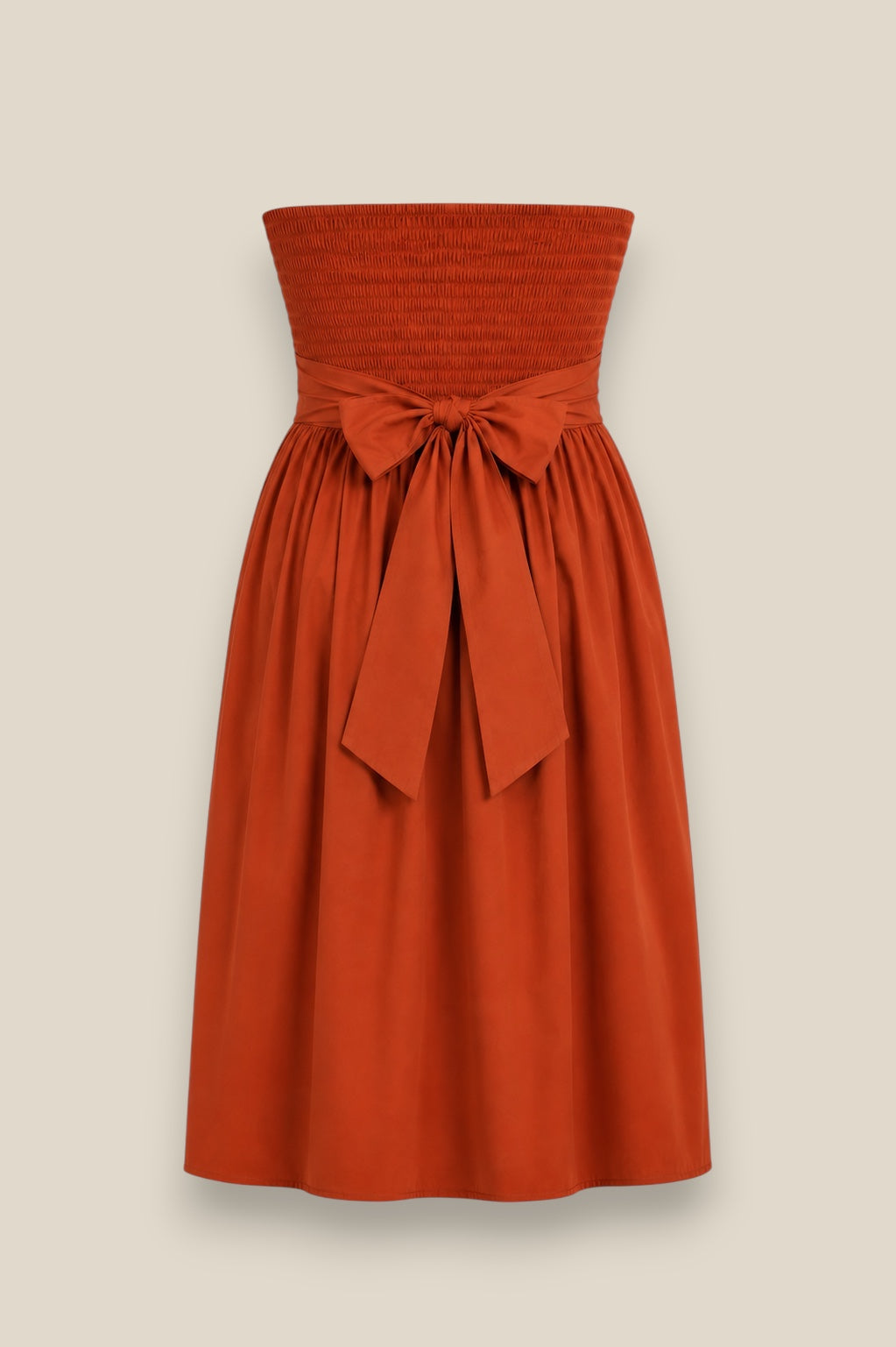 Vestido Lazada midi en 100% algodón con escote abullonado y lazada en cintura, color teja parte trasera