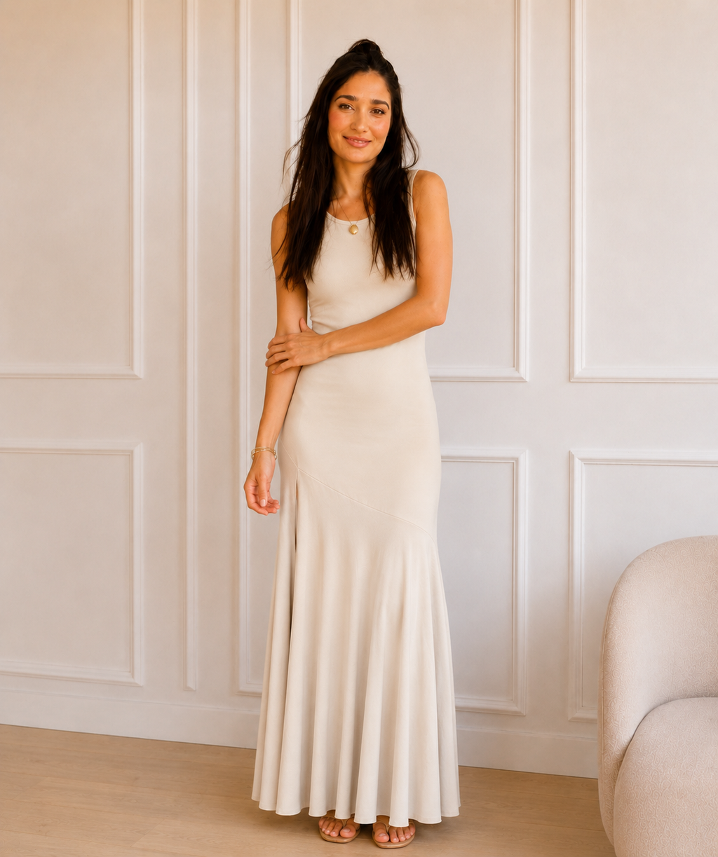 Vestido Sienna beige largo de lyocell  - vista lateral