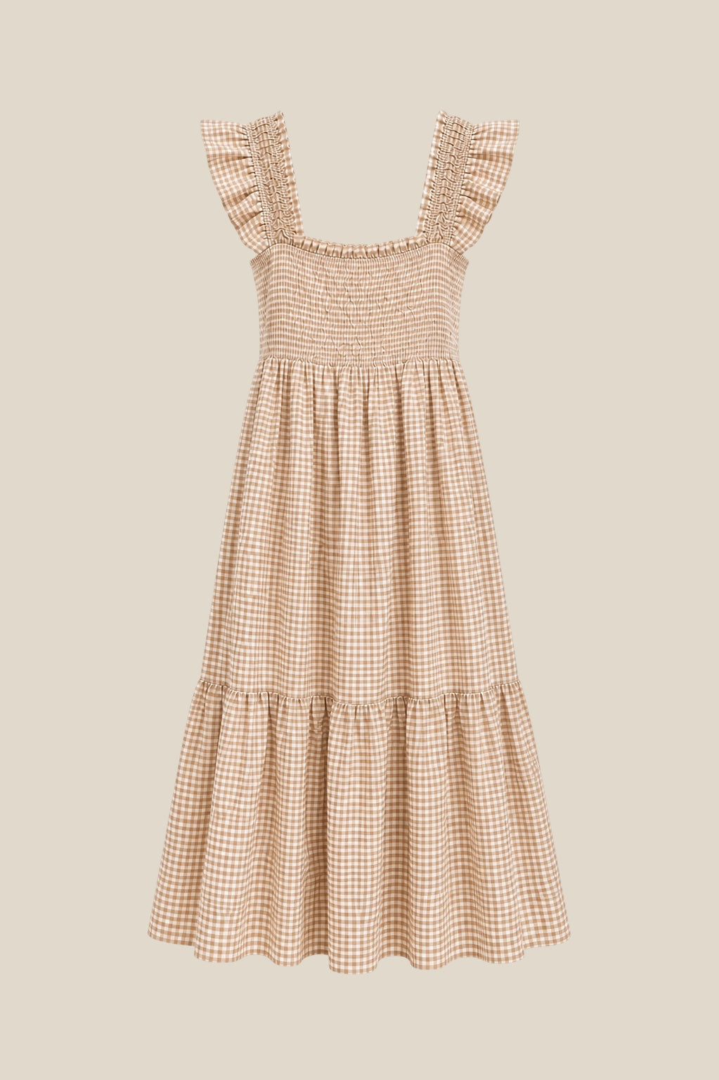 Vestido Vichy blanco y beige con fruncido en pecho y espalda, tirantes de volantes y largo midi, talla única S-XL