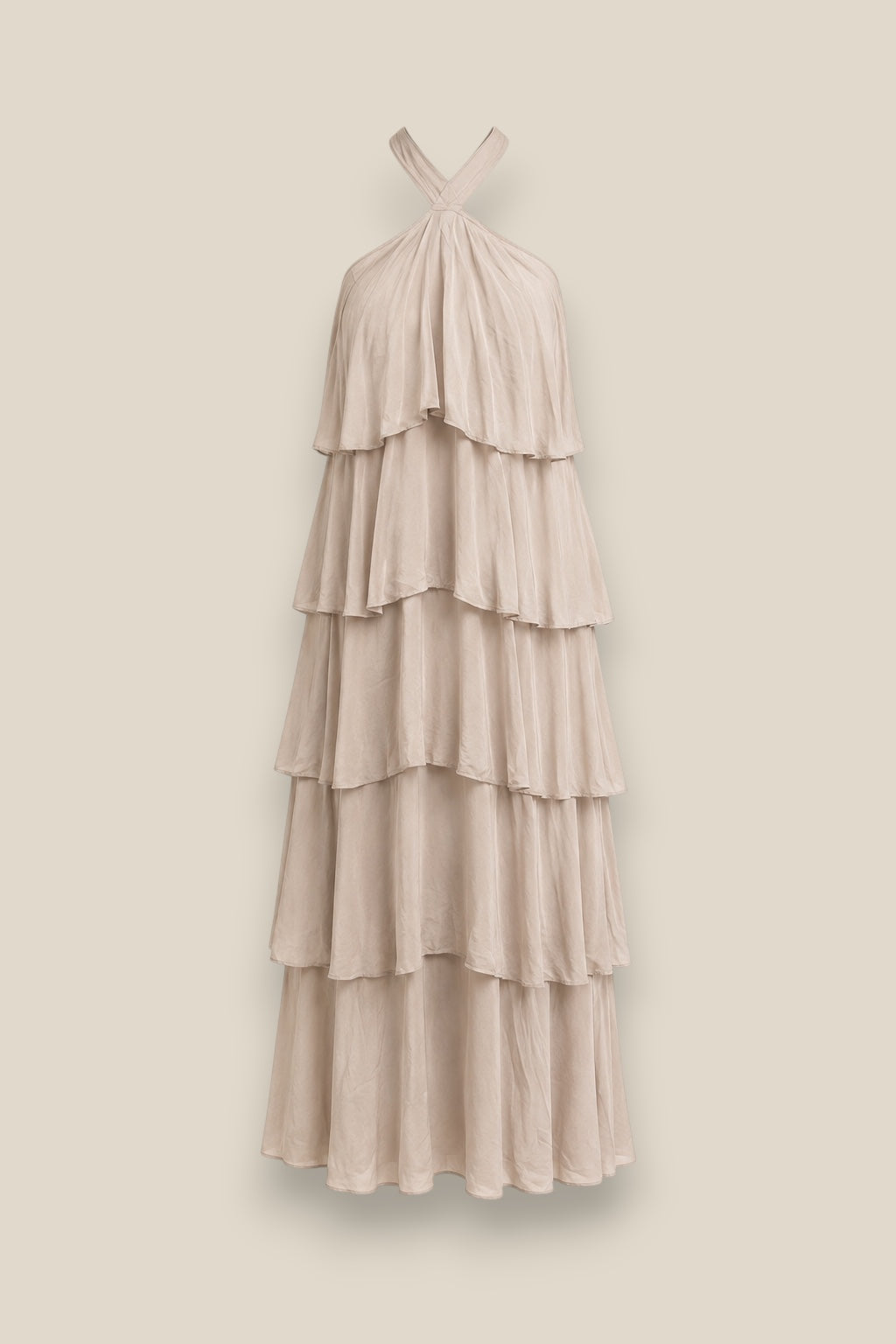 Vestido de volantes en beige taupe claro con escote enlazado al cuello, largo hasta los tobillos, talla única — Quiérete Muxo by Esenzia